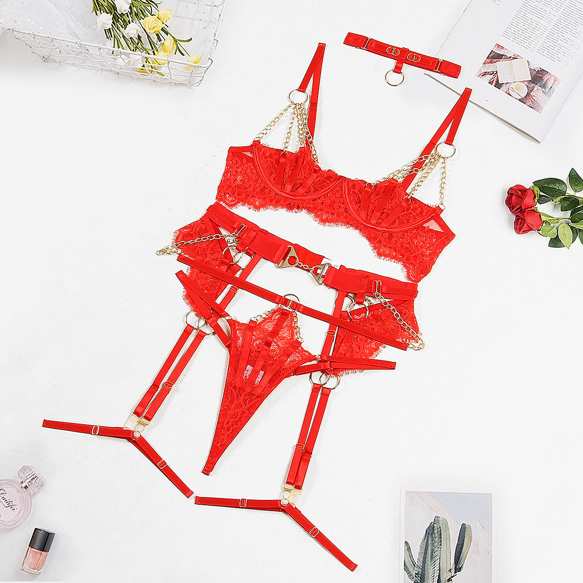 Valentine's Day Sexy Half Cup Bra Set with Metal Chain Detailing