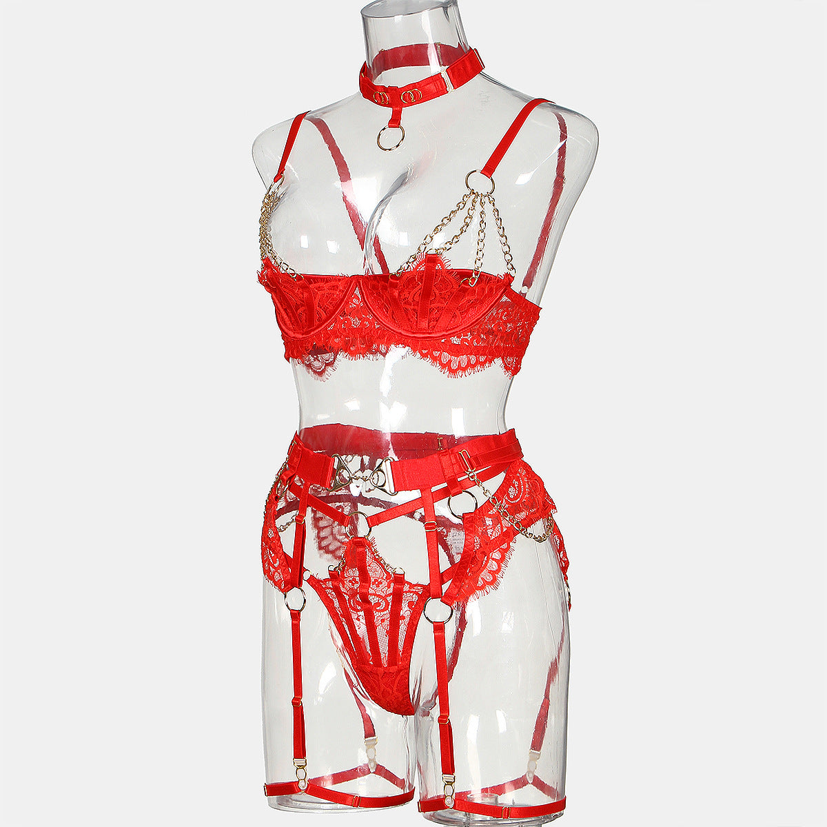 Valentine's Day Sexy Half Cup Bra Set with Metal Chain Detailing